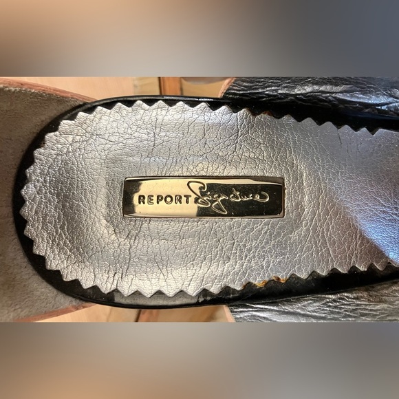 Report Signature Black Tan Platform Stilettos Leather Buckle Size 7 - Picture 8 of 12